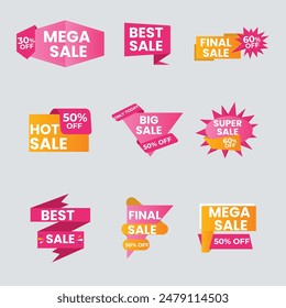 Sale Label collection set. Set ribbon banner and label sticker sale offer and badge tag sale advertising. Discount red ribbons, banners and icons. Cffer discount coupons. Vector illustration.