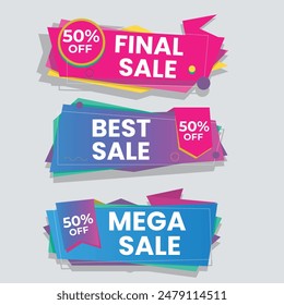 Sale Label collection set. Set ribbon banner and label sticker sale offer and badge tag sale advertising. Discount red ribbons, banners and icons. Cffer discount coupons. Vector illustration.