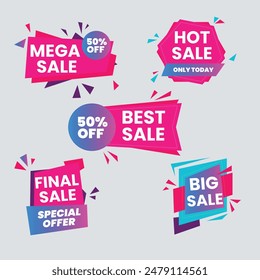 Sale Label collection set. Set ribbon banner and label sticker sale offer and badge tag sale advertising. Discount red ribbons, banners and icons. Cffer discount coupons. Vector illustration.