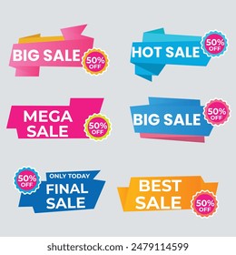 Sale Label collection set. Set ribbon banner and label sticker sale offer and badge tag sale advertising. Discount red ribbons, banners and icons. Cffer discount coupons. Vector illustration.