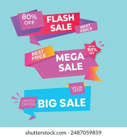 Sale Label collection set. Set ribbon banner and label sticker sale offer and badge tag sale advertising. Discount red ribbons, banners and icons. Cffer discount coupons. Vector illustration.