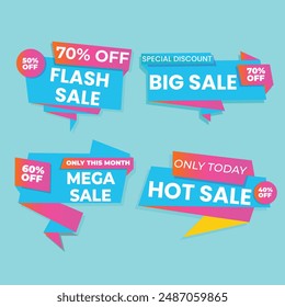 Sale Label collection set. Set ribbon banner and label sticker sale offer and badge tag sale advertising. Discount red ribbons, banners and icons. Cffer discount coupons. Vector illustration.