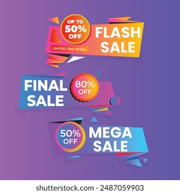 Sale Label collection set. Set ribbon banner and label sticker sale offer and badge tag sale advertising. Discount red ribbons, banners and icons. Cffer discount coupons. Vector illustration.