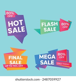Sale Label collection set. Set ribbon banner and label sticker sale offer and badge tag sale advertising. Discount red ribbons, banners and icons. Cffer discount coupons. Vector illustration.
