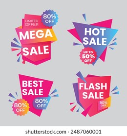 Sale Label collection set. Set ribbon banner and label sticker sale offer and badge tag sale advertising. Discount red ribbons, banners and icons. Cffer discount coupons. Vector illustration.