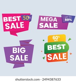 Sale Label collection set. Set ribbon banner and label sticker sale offer and badge tag sale advertising. Discount red ribbons, banners and icons. Cffer discount coupons. Vector illustration.