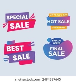 Sale Label collection set. Set ribbon banner and label sticker sale offer and badge tag sale advertising. Discount red ribbons, banners and icons. Cffer discount coupons. Vector illustration.