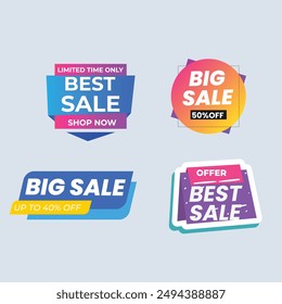 Sale Label collection set. Set ribbon banner and label sticker sale offer and badge tag sale advertising. Discount red ribbons, banners and icons. Cffer discount coupons. Vector illustration.