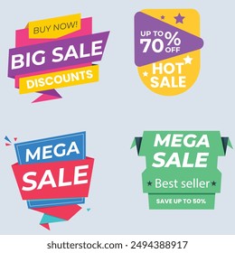 Sale Label collection set. Set ribbon banner and label sticker sale offer and badge tag sale advertising. Discount red ribbons, banners and icons. Cffer discount coupons. Vector illustration.