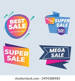 Sale Label collection set. Set ribbon banner and label sticker sale offer and badge tag sale advertising. Discount red ribbons, banners and icons. Cffer discount coupons. Vector illustration.