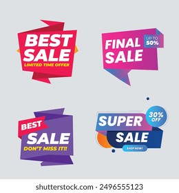 Sale Label collection set. Set ribbon banner and label sticker sale offer and badge tag sale advertising. Discount red ribbons, banners and icons. Cffer discount coupons. Vector illustration.