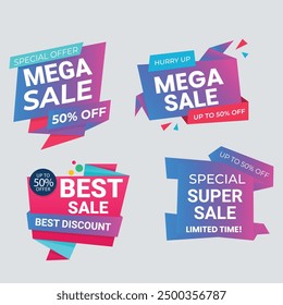 Sale Label collection set. Set ribbon banner and label sticker sale offer and badge tag sale advertising. Discount red ribbons, banners and icons. Cffer discount coupons. Vector illustration.