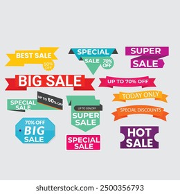 Sale Label collection set. Set ribbon banner and label sticker sale offer and badge tag sale advertising. Discount red ribbons, banners and icons. Cffer discount coupons. Vector illustration.