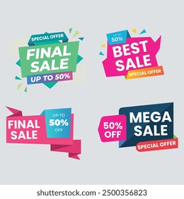 Sale Label collection set. Set ribbon banner and label sticker sale offer and badge tag sale advertising. Discount red ribbons, banners and icons. Cffer discount coupons. Vector illustration.