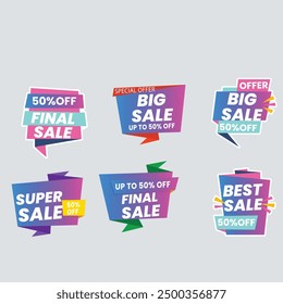 Sale Label collection set. Set ribbon banner and label sticker sale offer and badge tag sale advertising. Discount red ribbons, banners and icons. Cffer discount coupons. Vector illustration.