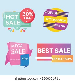 Sale Label collection set. Set ribbon banner and label sticker sale offer and badge tag sale advertising. Discount red ribbons, banners and icons. Cffer discount coupons. Vector illustration.