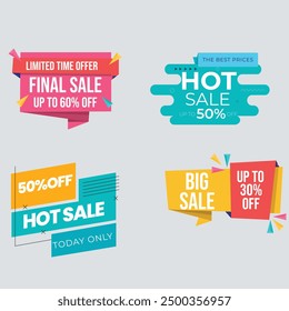 Sale Label collection set. Set ribbon banner and label sticker sale offer and badge tag sale advertising. Discount red ribbons, banners and icons. Cffer discount coupons. Vector illustration.