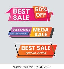 Sale Label collection set. Set ribbon banner and label sticker sale offer and badge tag sale advertising. Discount red ribbons, banners and icons. Cffer discount coupons. Vector illustration.
