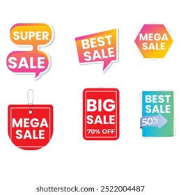 Sale Label collection set. Set ribbon banner and label sticker sale offer and badge tag sale advertising. Discount red ribbons, banners and icons. Cffer discount coupons. Vector illustration.
