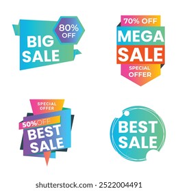 Sale Label collection set. Set ribbon banner and label sticker sale offer and badge tag sale advertising. Discount red ribbons, banners and icons. Cffer discount coupons. Vector illustration.