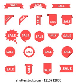 Sale Label collection set. Sale tags. Discount red ribbons, banners and icons. Shopping Tags. Sale icons. Red isolated on white background, vector illustration.