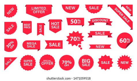 Sale Label collection set. Sale tags. Discount red ribbons, banners and icons. Shopping Tags. Sale icons. Red isolated on white background, vector illustration.