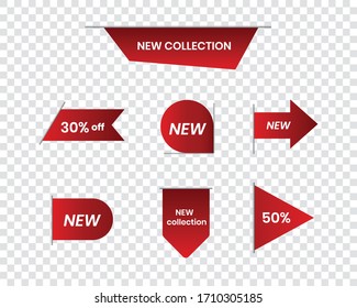 Sale Label collection set. Sale tags. Discount red ribbons, banners and icons. Shopping Tags. Sale icons. Red isolated on white background, vector illustration.