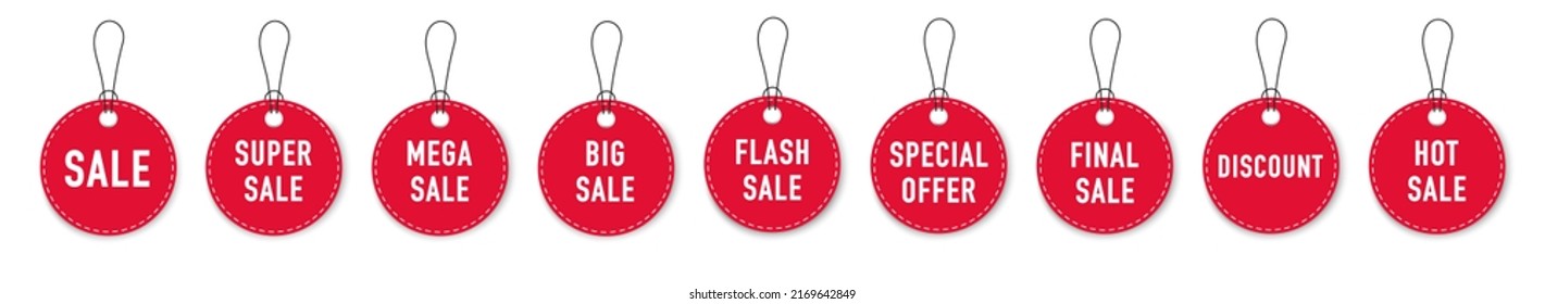 Sale Label collection set. Sale tags. Discount red ribbons, banners and icons. Shopping Tags. Sale icons. Red isolated on white background, vector illustration.