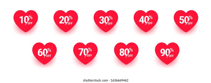Sale label, Heart icon set. Love sticker collection. From 10, 20, 30, 40, 50, 60, 70, 80 to 90 percents off. Valentines day sign. Happy Women`s Day 8 march. Vector illustration isolated on white