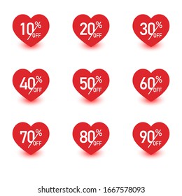 Sale label Heart icon set. Valentines day heart sale tag, poster template. Red twisted heart, isolated on white background. Vector illustration.