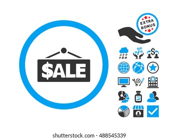 Sale Label icon with bonus symbols. Vector illustration style is flat iconic bicolor symbols, blue and gray colors, white background.