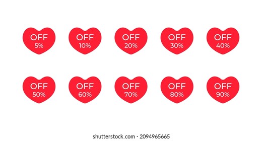 Sale label on heart icon with inscription off percent. Symbol love sticker from 5 to 90 percent off. Sale on valentines day, women`s day 8 march. Vector illustration