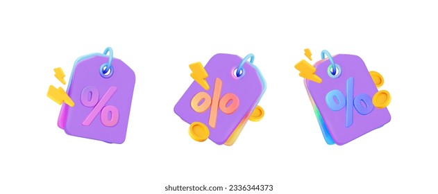 Сlearance sale label with percent sign.  Flash lightning price and with coins.  With  a gradient effect. 3d vector illustration.
