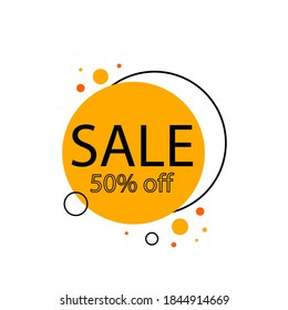 Sale label. Promotional discount sticker, price tag, website banner in yellow colors, trendy flat geometric bubbles, discount product round emblem, marketing coupon, vector retro poster template