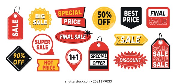 Sale Label Set. Advertising stickers or patches to promote big sale, discount, special offer and best price. Design Elements for Marketing. Flat vector illustration collection isolated on background