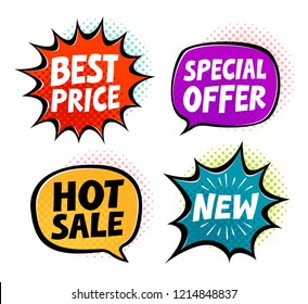 Sale, label set. Business concept in pop art retro comic style. Vector illustration