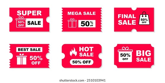Sale label set. Coupon discount offer collection. Big, mega, final, super sale. Promotion discount banner. 50 percentege off. Vector illustration.