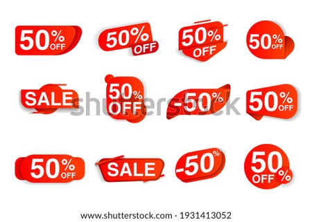 Sale label set giving fifty percent price off discount value. Red marketing tag with selling bargain announcement, clearance promotion message vector illustration isolated on white background
