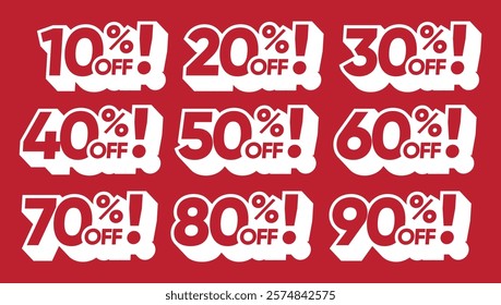 Sale label set vector badge template. Shopping discount amount with 10, 20, 30, 40, 50, 60, 70, 80, 90% off.