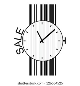 Sale label stylized as a clock and barcode.