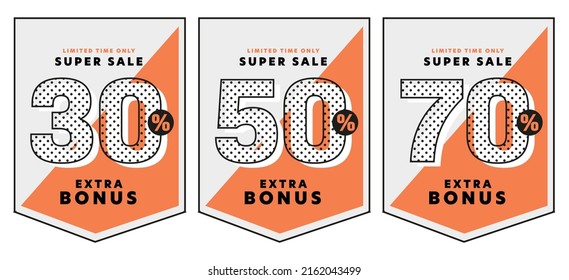 Sale label with super discount to 30, 50, 70 percent off. Extra bonus sale label sticker template set with limited time special discount offer vector illustration isolated on white background