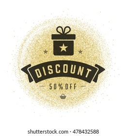 Sale Label or Tag Design on Gold Background Vector Vintage. Sale banner, Discount flyer, Shopping poster. Glitter Sparkles Bright Confetti.