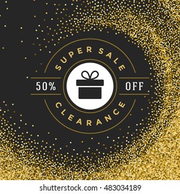 Sale Label or Tag Design on Gold Background Vector Vintage. Sale banner, Discount flyer, Shopping poster. Glitter Sparkles Bright Confetti.