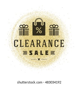 Sale Label or Tag Design on Gold Background Vector Vintage. Sale banner, Discount flyer, Shopping poster. Glitter Sparkles Bright Confetti.