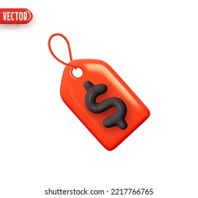 Sale label tag red color with dollar symbol. Realistic 3d design element In plastic cartoon style. Icon isolated on white background. Vector illustration