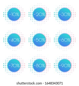 Sale label or tag set. Price off stickers with 10,20,30,40,50,60,70,80,90 percent discount. Modern promo badges for advertising design. Vector illustration.