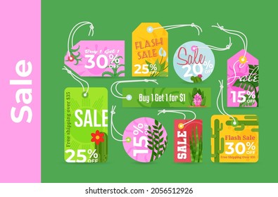 Sale label tags on rope with place for text set vector flat illustration. Collection bright tropical floral emblems with discount and free shipping coupon. Advertising promo price offer message design