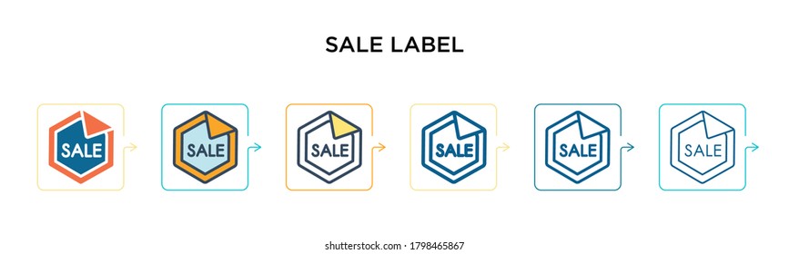 Verkauf von Label Vektorsymbol in 6 verschiedenen modernen Stilen. Schwarze, zweifarbige Etikettensymbole, die im vollen, Umriss-, Linien- und Strichstil entworfen wurden. Vektorgrafik kann für Web, Mobile, i