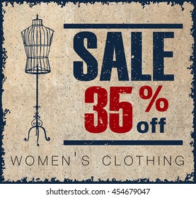 Sale label for women's clothing stores. Mega sale badge. Vintage tags for premium quality and sale. Fashion Flyer, 35% Discount Offer. Female body vintage mannequin