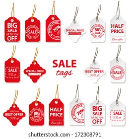 Sale labels big set in red and white colors.  